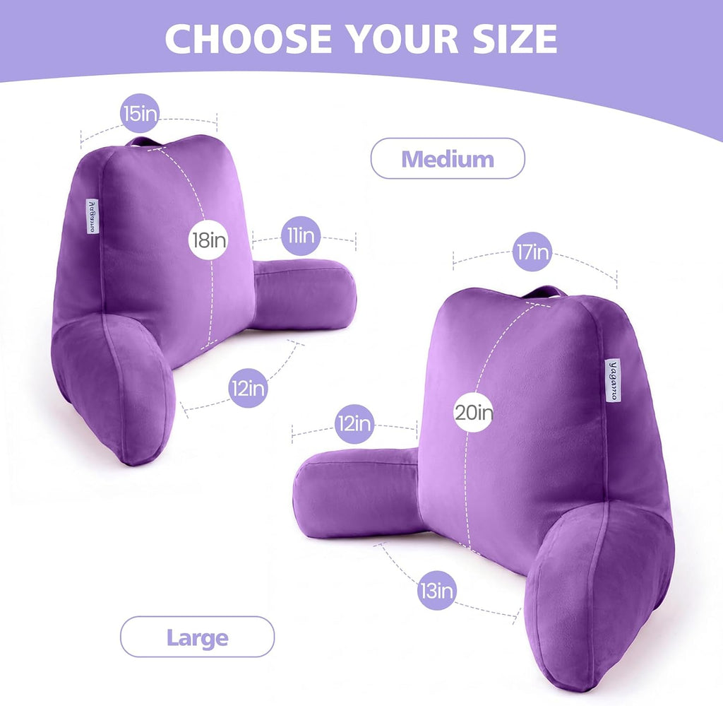 Reading Pillow with Adjustable Memory Foam, Adult Backrest with Arms, Back Pillow for Sitting in Bed with Washable Cover- Large, Purpule