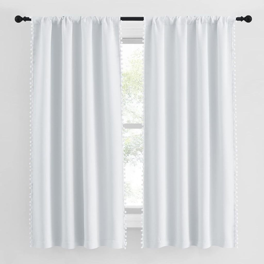 NICETOWN 2 Panels Blackout Curtains, Rod Pocket Bedroom Curtain Panels 63" Length, Pompom Thermal Insulated Room Darkening Drapes for…