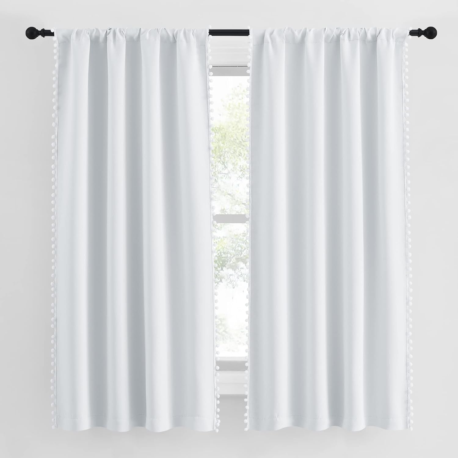 NICETOWN 2 Panels Blackout Curtains, Rod Pocket Bedroom Curtain Panels 63" Length, Pompom Thermal Insulated Room Darkening Drapes for…