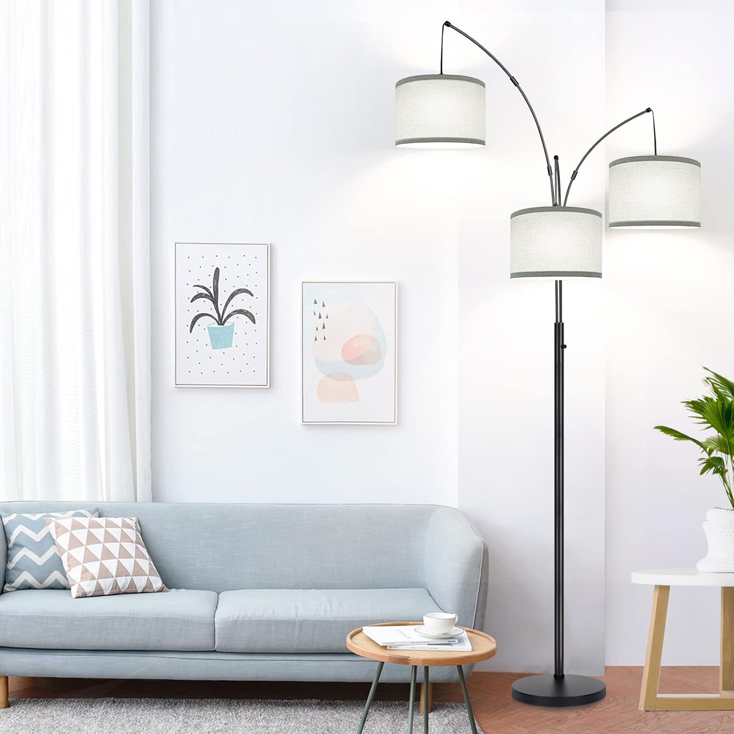 Dimmable Floor Lamp - 3 Lights Arc Floor Lamps for Living Room, 1000LM Modern Tall Standing Lamp With Gray Shades & Heavy Base, Mid…