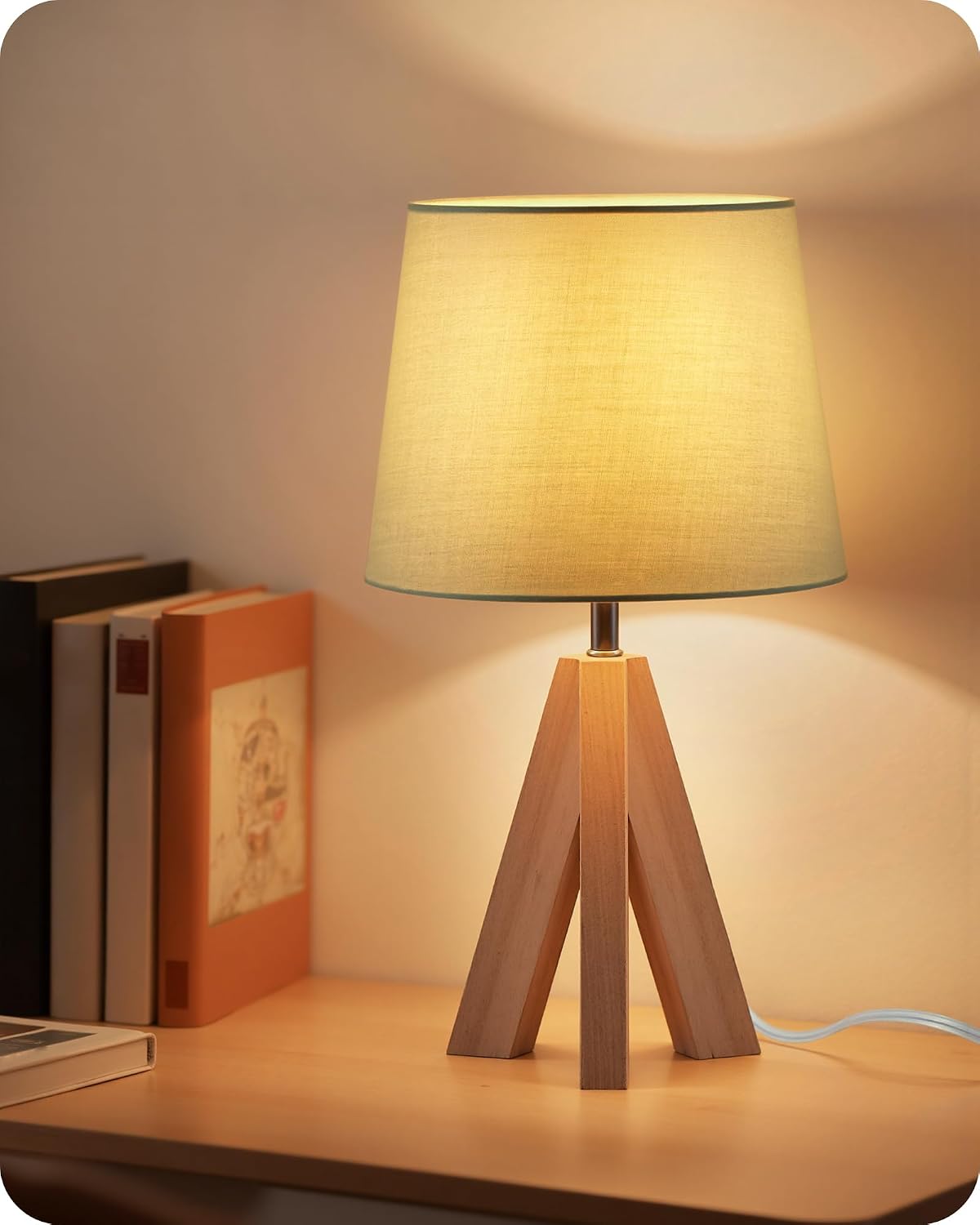 Tripod Table Lamp, Small Bedside Lamp with Wood Base & Green Fabric Shade, Little Cute Desk Lamp, Modern Nightstand Lamp for Bedroom…