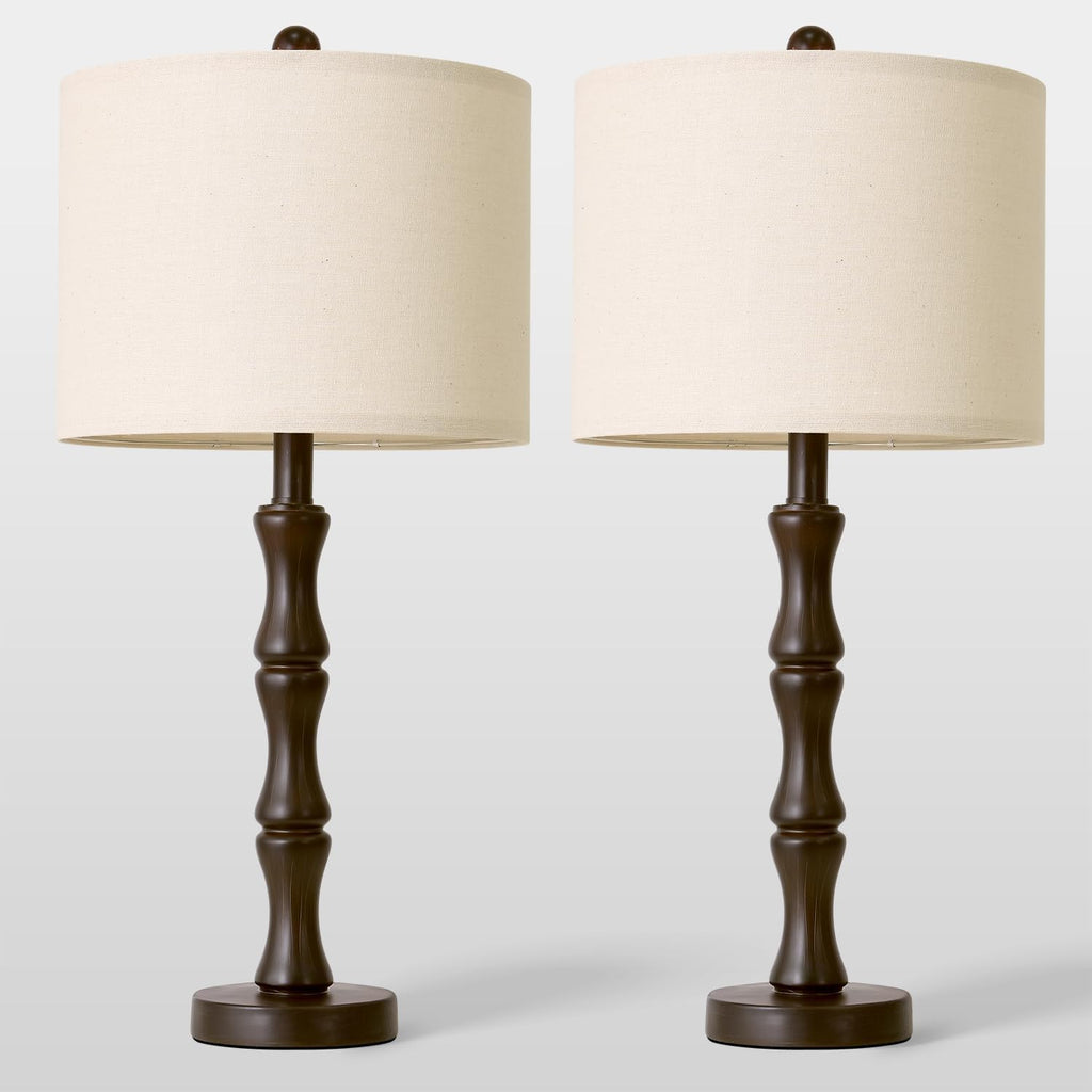 BOBOMOMO 25" Classic Table Lamps Set of 2, Farmhouse Nightstand Lamps with Dark Brown Resin Base & Linen Shade, Standard Table Lamps for…