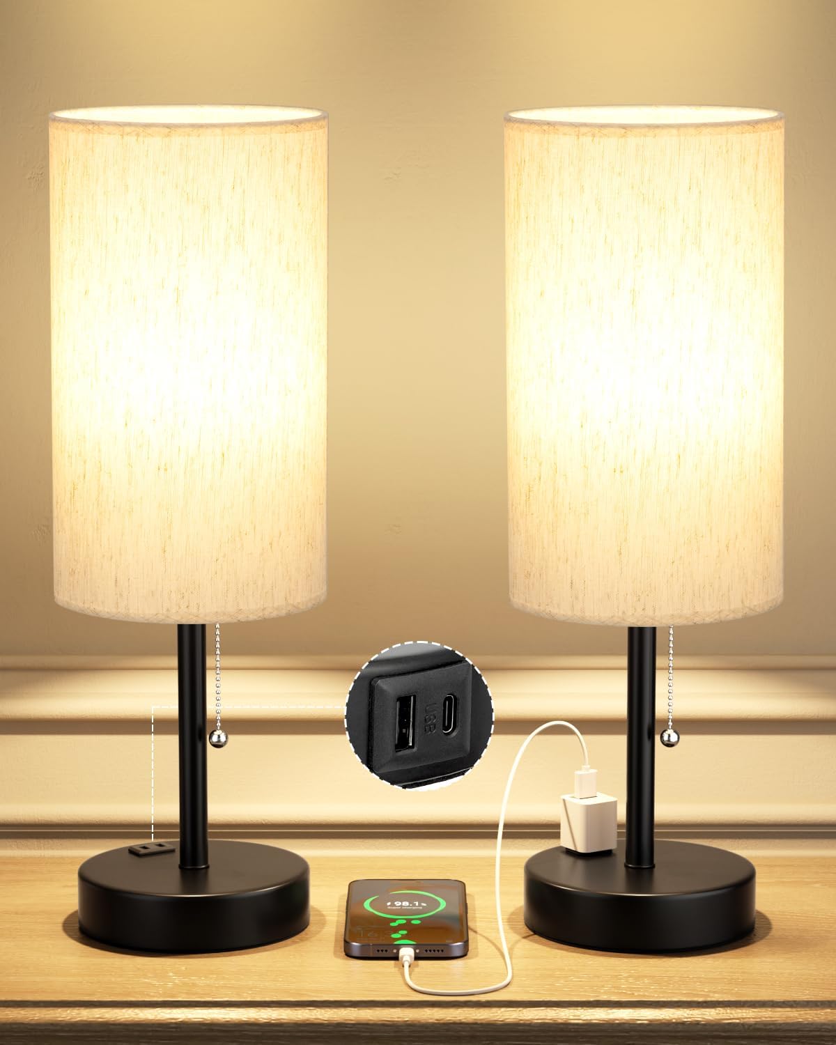Fenmzee Plus Bedside Table Lamps Set of 2-3 Color Temperatures Pull Chain Lamp with AC Outlet Charging Port, Round Night Stand Lamps for…