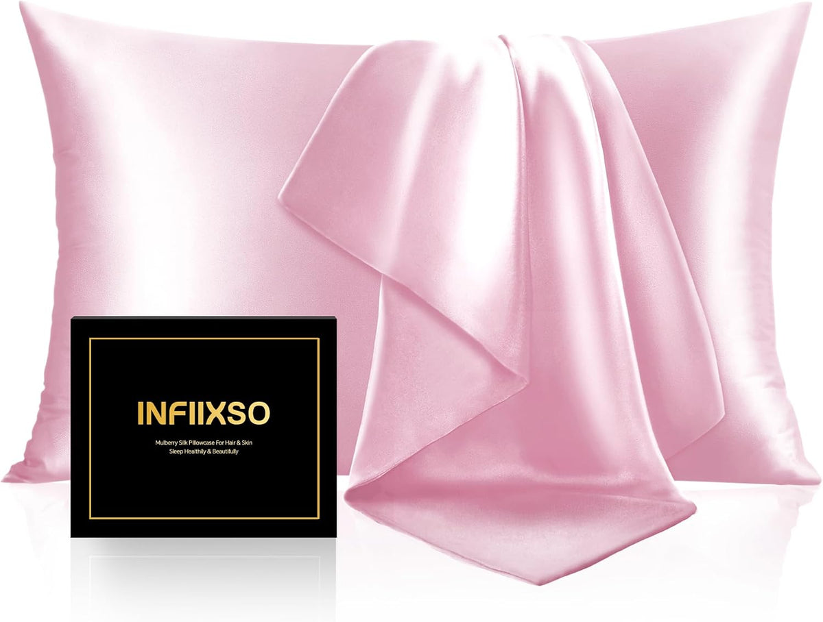 Infiixso Silk Pillow Cases 2 Pack Standard Size, Ultra Smooth & Soft Mulberry Silk Pillow Case for Hair and Skin, Breathable Cooling Silk P…