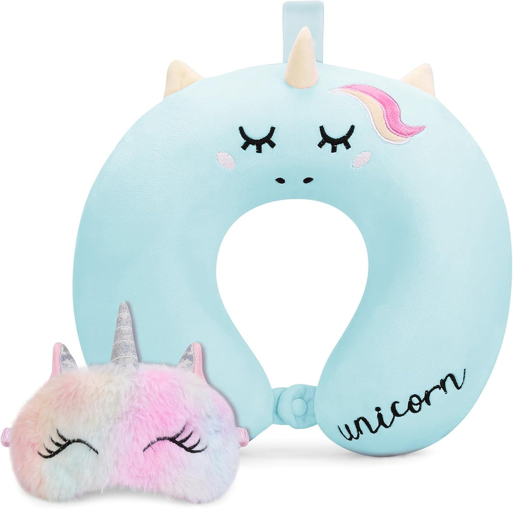 Toddler Neck Pillow, Kids Travel Neck Pillow for Traveling with Eye Mask, Toddler Cute Unicorn Airplane Travel Essentials, Memory Foam…