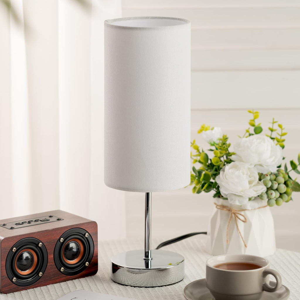 Small Table Lamp for Bedroom Nightstand, Round White Fabric Shade and Silver Metal Base, Modern Minimalist Bedside Lamps for Dresser, End…
