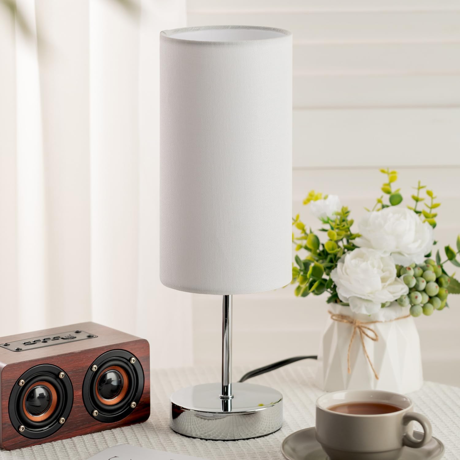 Small Table Lamp for Bedroom Nightstand, Round White Fabric Shade and Silver Metal Base, Modern Minimalist Bedside Lamps for Dresser, End…