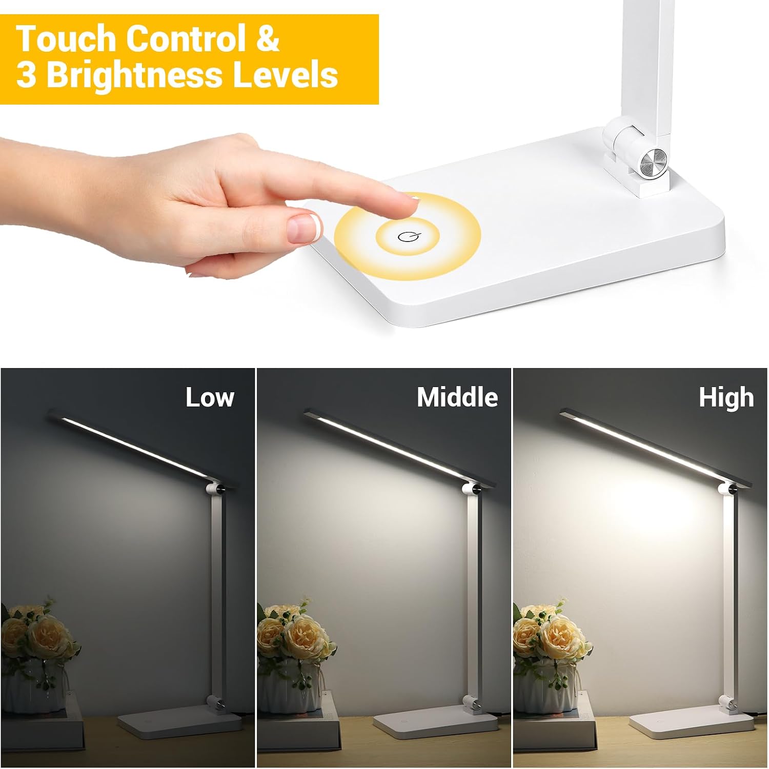 LED Desk Lamp for Home Office, 3 Levels Dimmable Desk Light with USB Charging Port, Reading Lamp for Table Study Work Office Nail Craft…