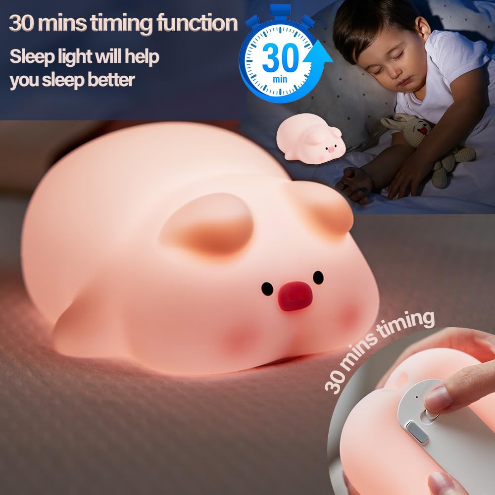 Cute Pig Night Light, 3 Level Dimmable Nursery Nightlight, Kawaii Lamps Squishy Silicone Rechargeable Touch Lamp, Best Gift for Kids…