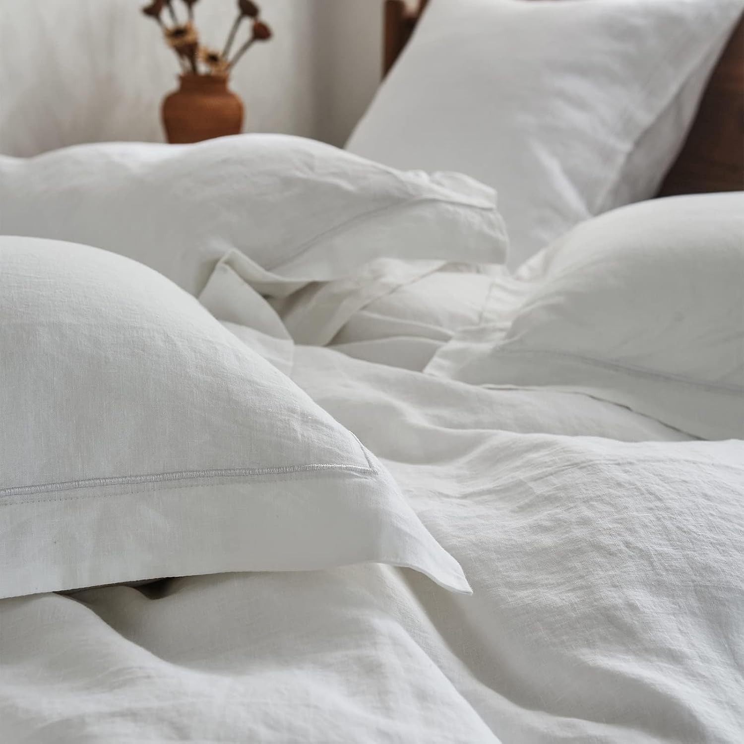 Simple&Opulence 100% Washed Linen Duvet Cover with Embroidered,3 Pieces Soft Farmhouse Comforter Set with Button Closure,1 D…