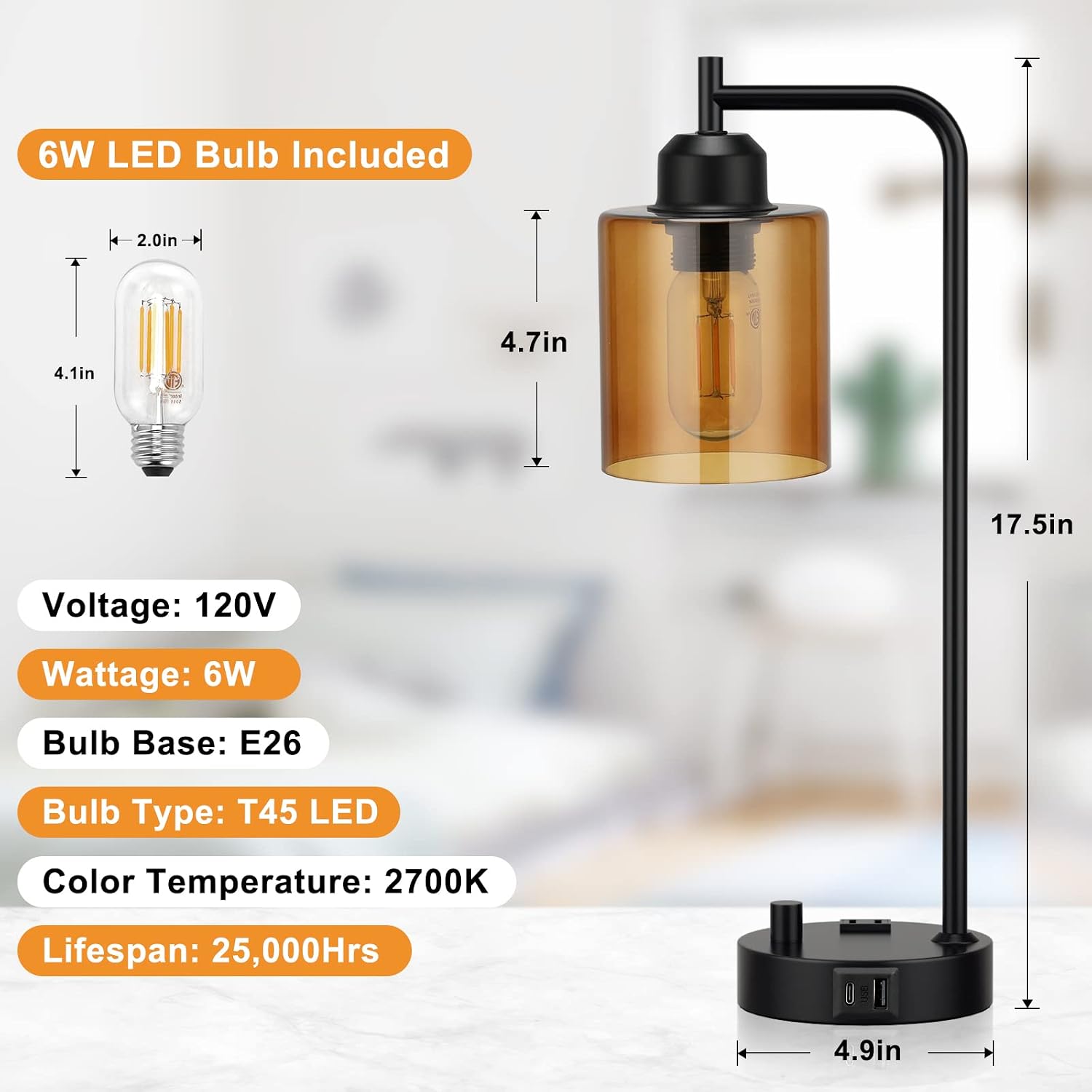 Innqoo Industrial Small Desk Lamp for Nightstand - Amber Clear Glass Shade Table Lamp with USB C Port, Fully Dimmable Black Bedside Lamp…