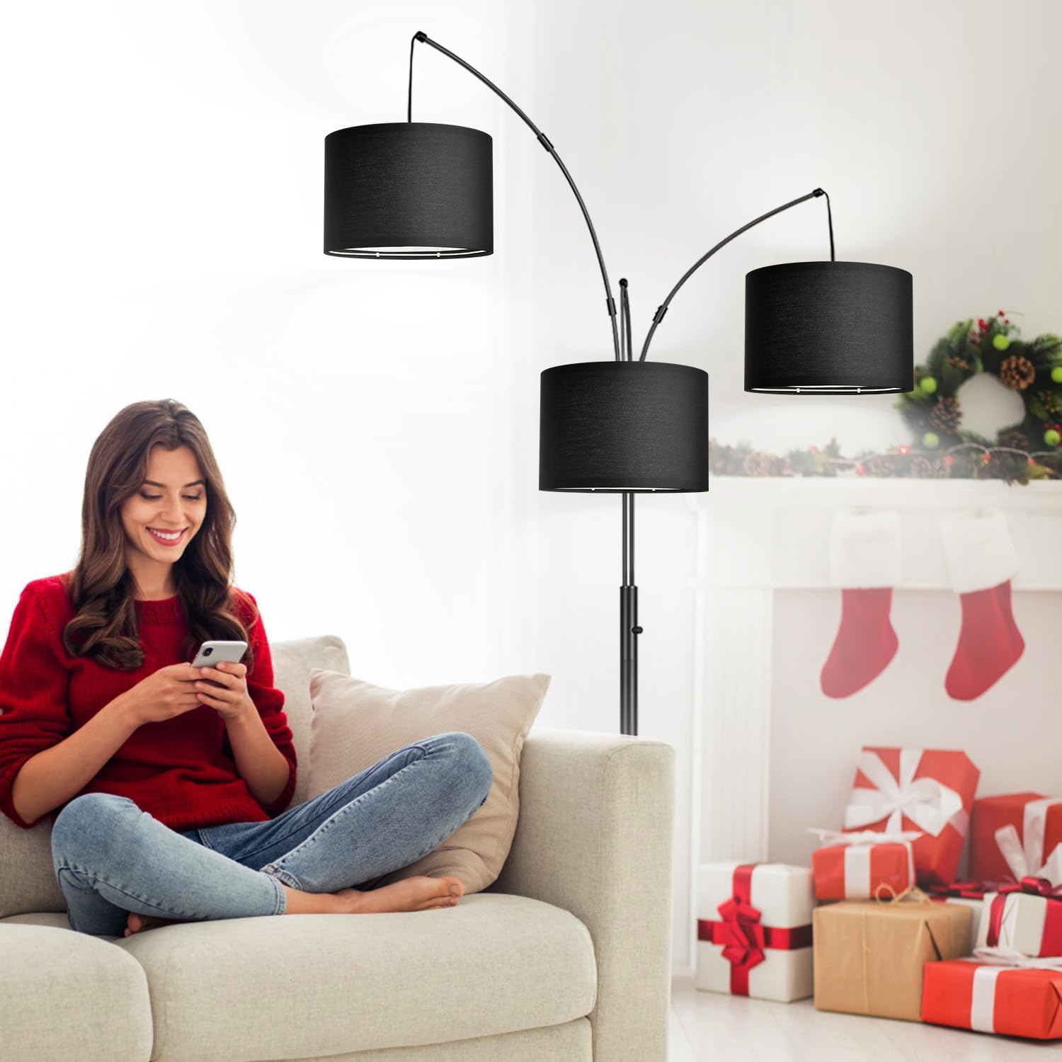 Dimmable Floor Lamp - 3 Lights Arc Floor Lamps for Living Room, 1000LM Modern Tall Standing Lamp With Black Shades & Heavy Base, Mid…