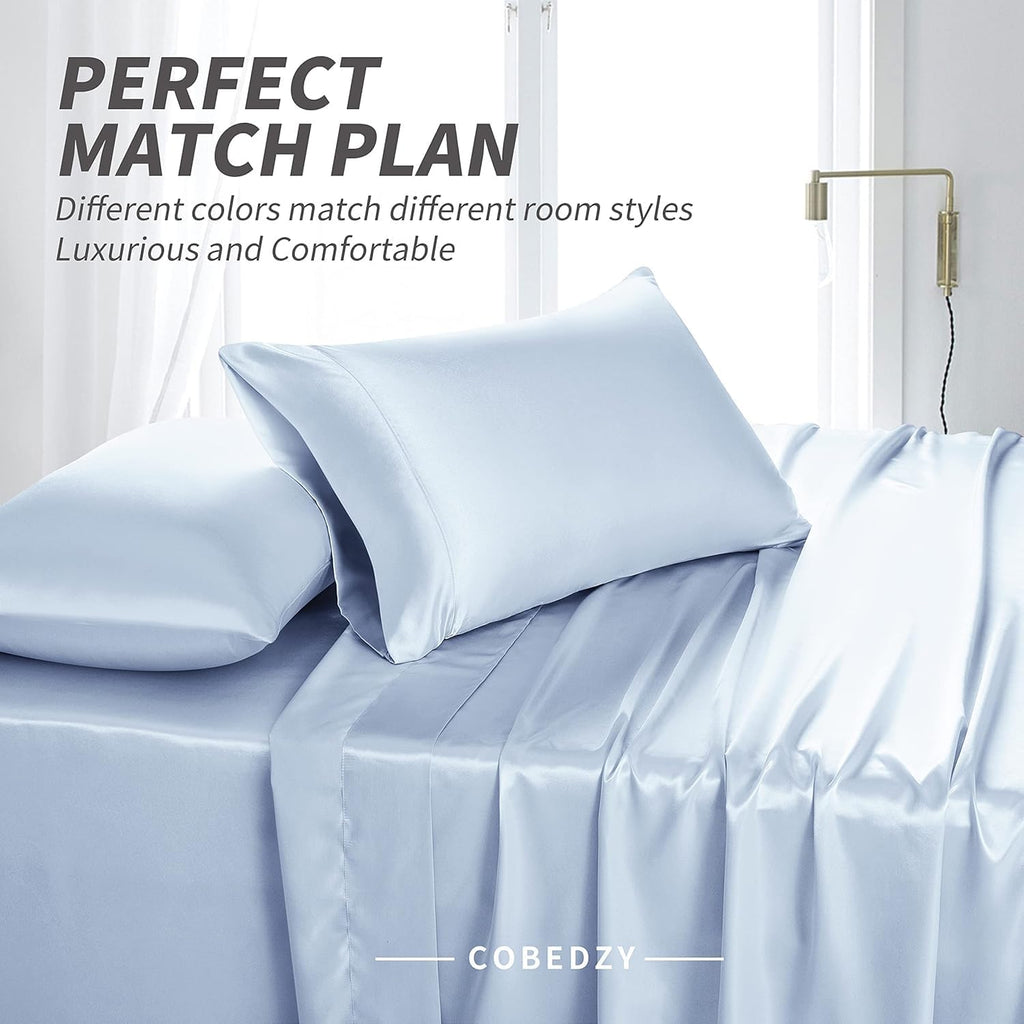 Cobedzy 3 Pcs Light Blue Satin Sheets Twin XL Size Silky Satin Bedding Sheets Set with 1 Deep Pocket Fitted Sheet, 1 Flat Sheet, 1 Pillowca…