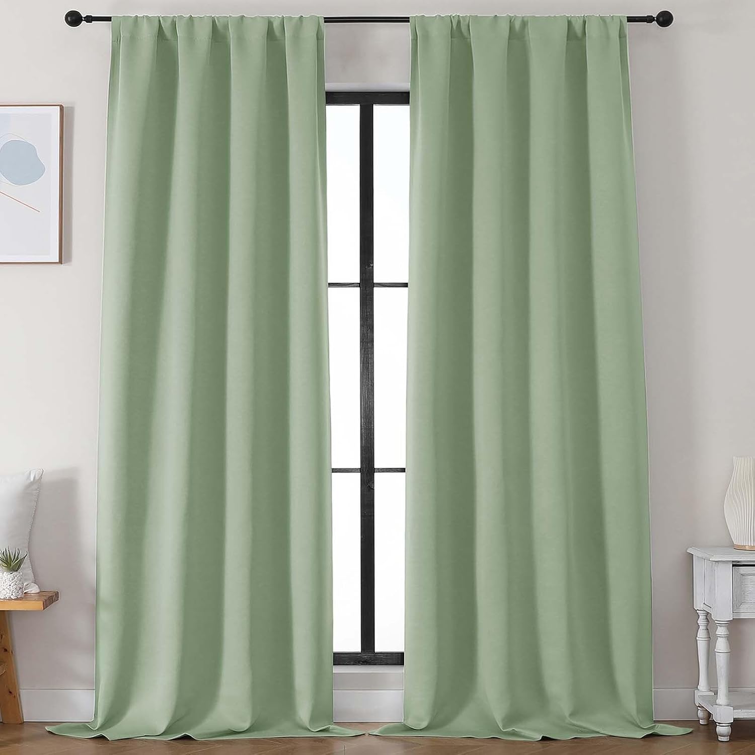 Simplebrand Ava Light Green Blackout Curtains for Bedroom 96 Inches Long 2 Panels, Solid Thermal Insulated, Energy Saving Nursery Window Tr…