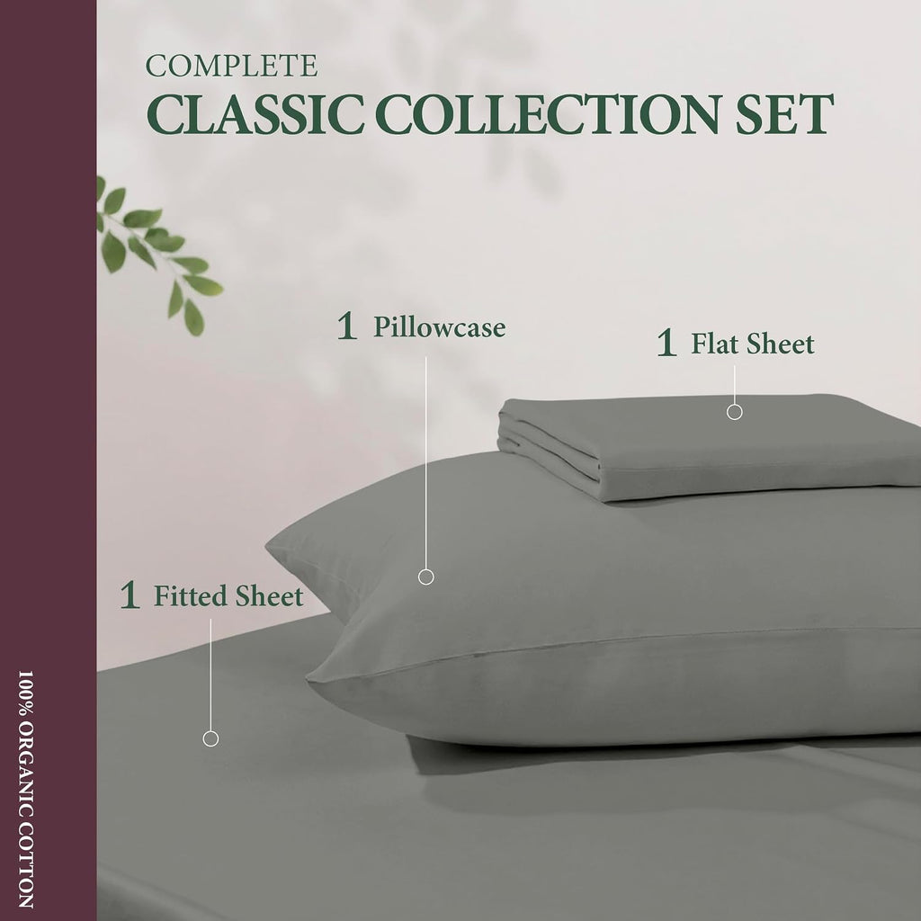 AshtonSheets 100% Organic Cotton Sheets Twin Size - Organic Cotton Twin Size Percale Weave Sheet Set (3 PC, Dark Grey), Soft, Cooling, Cris…