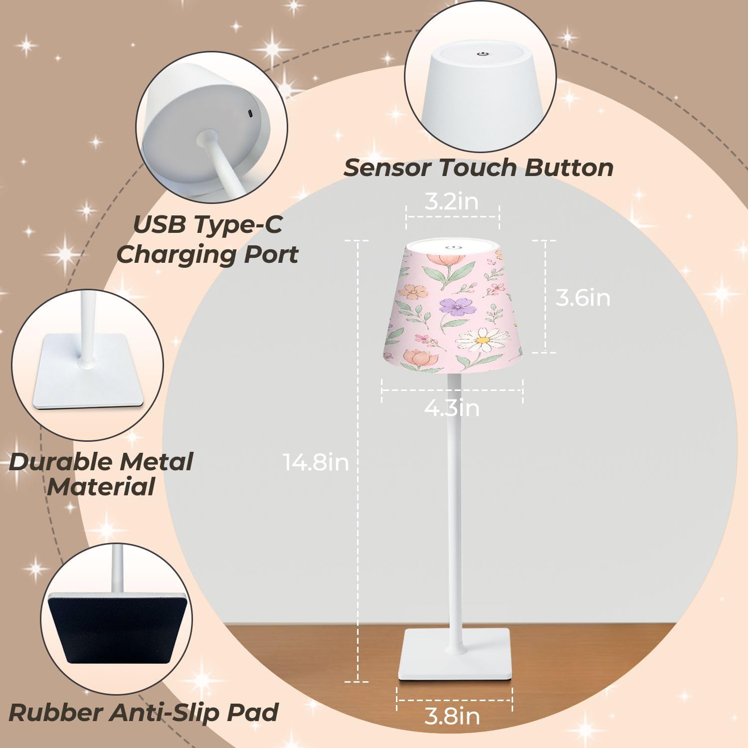 Cordless Mahjong Lamp Pastel Floral Daisies Tulips Wildflowers Soft Pink Small LED Lamp 3 Color Dimmable Rechargeable Lamps for Mah Jong…