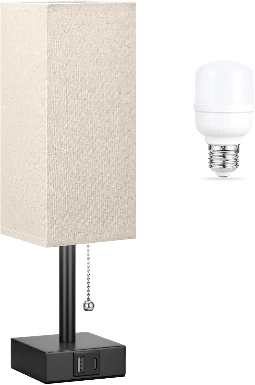 Aooshine Small Linen Bedroom Lamp - 3 Color Temperature 3000K 5000K 4000K Bedside Lamp, Pull Chain Control, USB A and C Charging Ports, Bla…