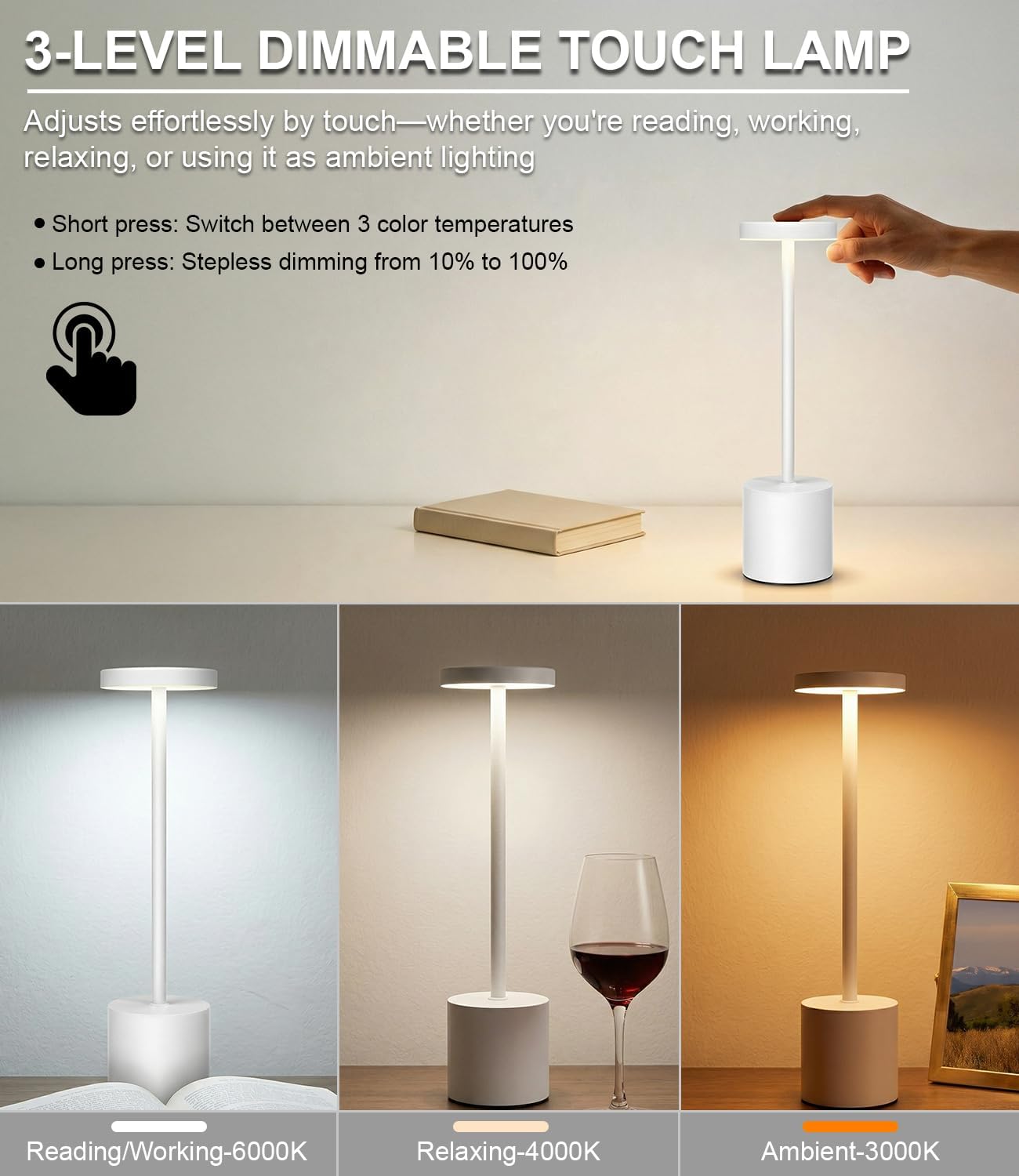 Swinerton White Rechargeable Cordless Table Lamps Set, 5000mAh Battery Powered Wireless Table Light, Portable LED Desk Lamp, 3 Color…