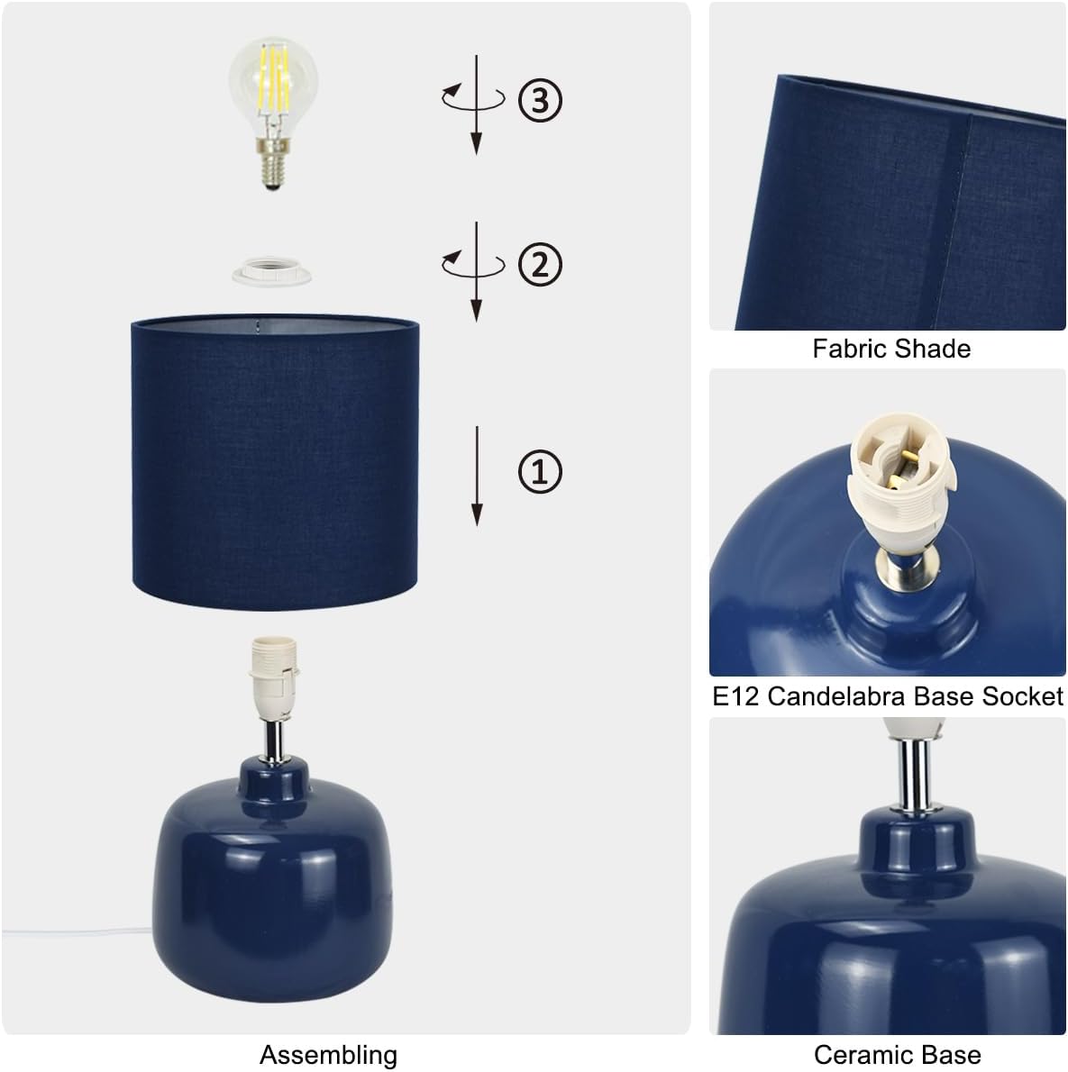 Oslo Small Ceramic Table Lamp for Living Room and Bedroom, Modern Kids Night Table Lamp, Φ7.09×H13.39IN, Bulb Excluded, Light Pink, Navy Blue