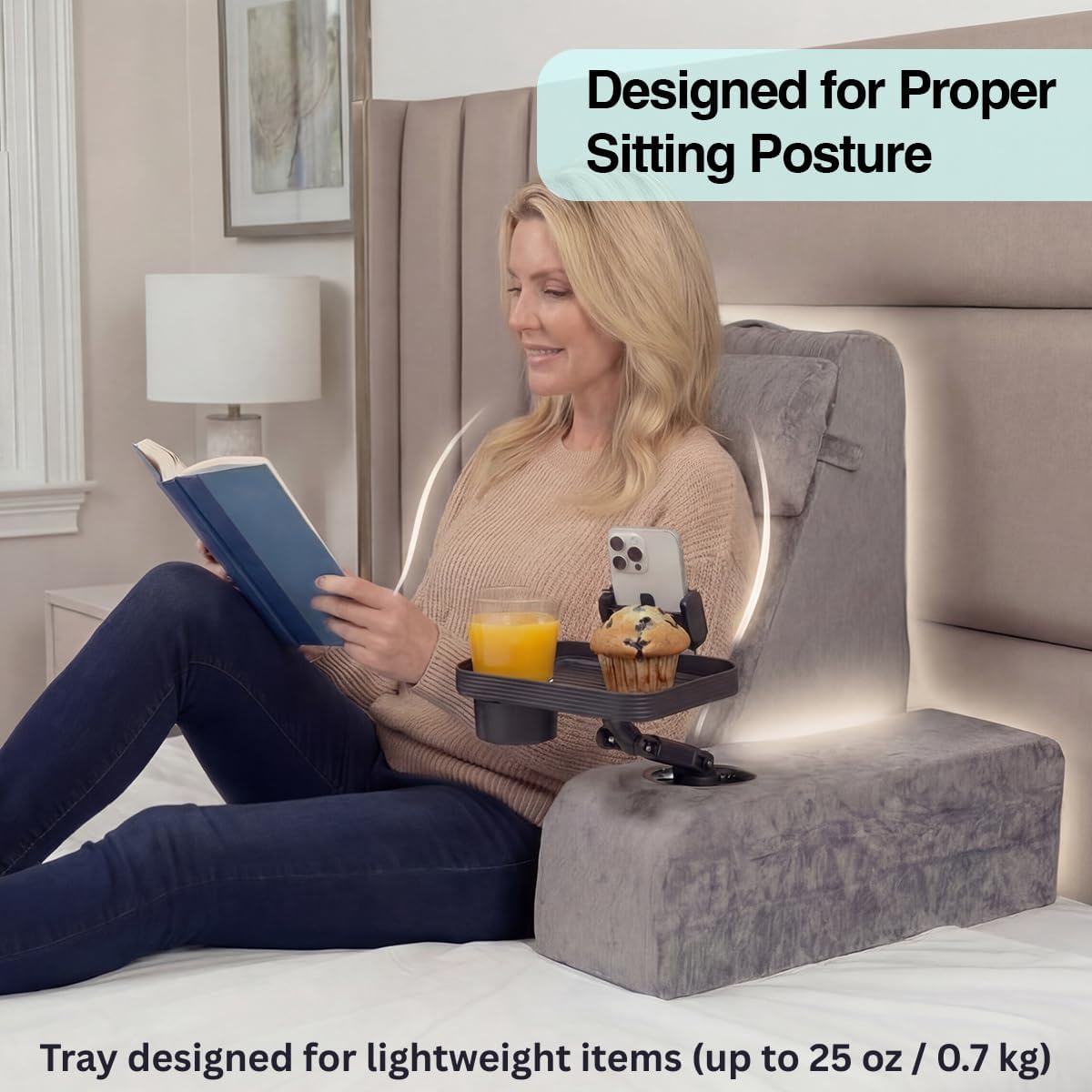 TabCouchCaddy Reading Pillow for Adults – 24” XL Memory Foam Backrest with Detachable Arms, Cup Holder, Phone Caddy & Adjustable Tray Mount…