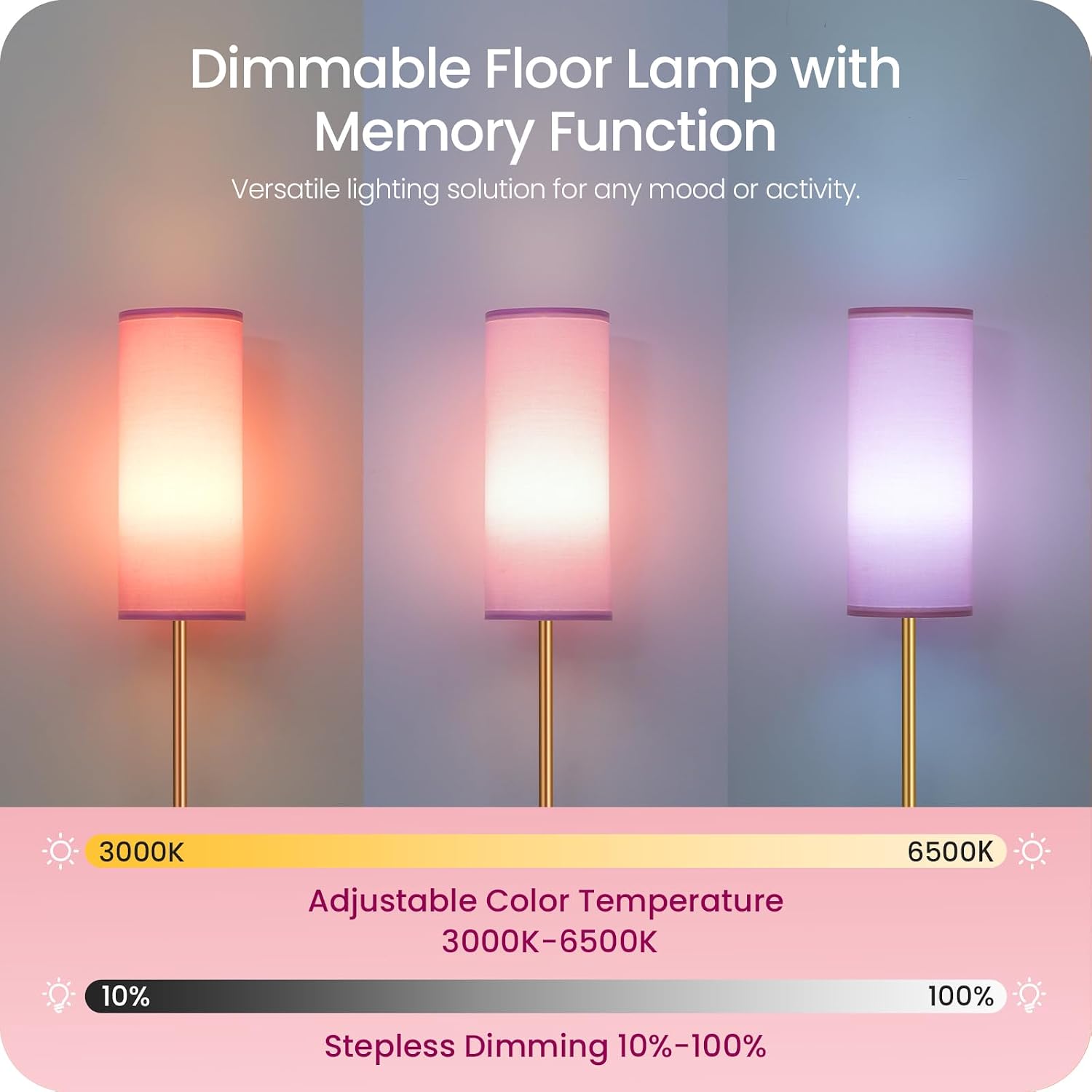 Dimmable Pink Floor Lamp for Living Room with Remote and Foot Switch, Corner Floor Lamp, 64.4'' Standing Tall Lamp, 10W 900LM Bulb…