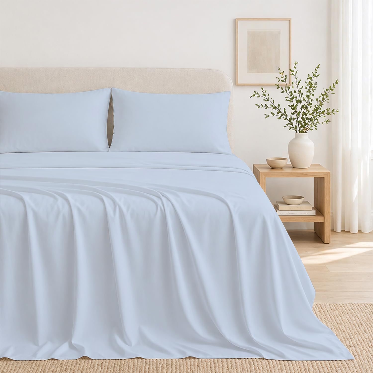 THREAD SPREAD Egyptian Cotton Sheets Full Size – 300 Series 16" Deep Pocket 100% Cotton Full Size Sheets Set (4 PC, Light Blue), Soft…