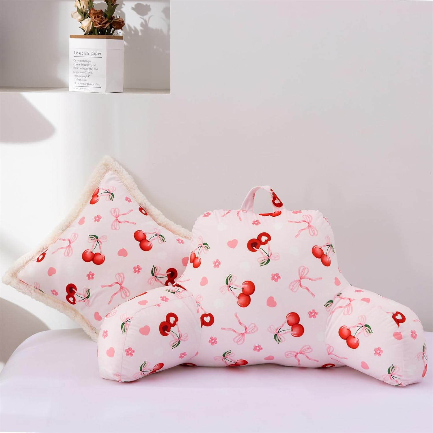 Holawakaka Kids Backrest Reading Pillow with Arms, Cherry Bowknot Print Plush Bed Rest Pillows for Teens Girls Sitting in Bed, Sofa…