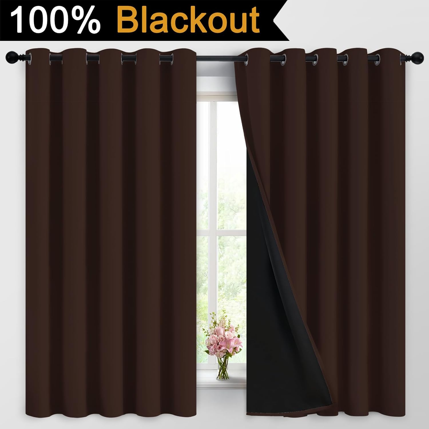 Yakamok 100% Blackout Curtains for Bedroom, 2 Thick Layers Thermal Insulated Grommet Total Blackout Drapes with Black Liner for Living Room…