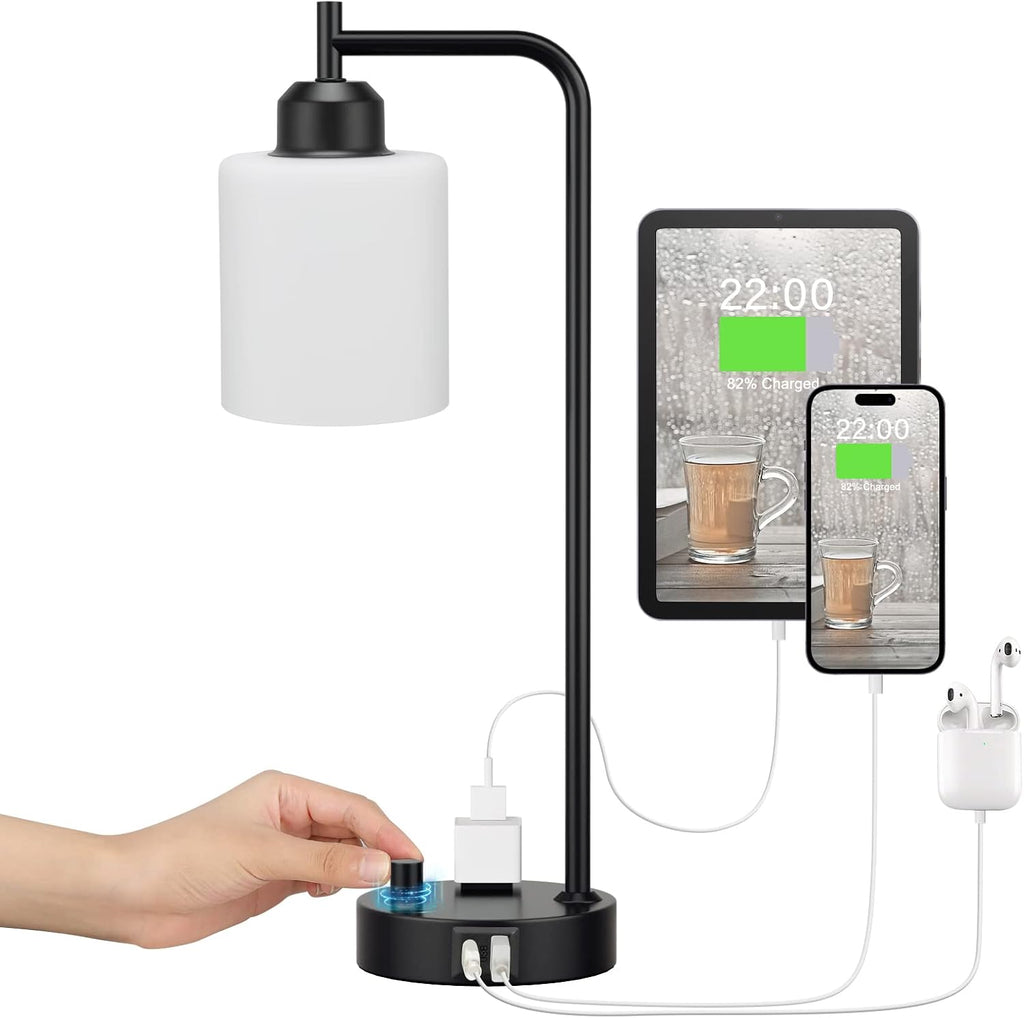 Industrial Bedroom Table Lamps for Bedside - White Opal Glass Shade Desk Lamps with USB C Port, Fully Dimmable Black Lamps with USB Port…