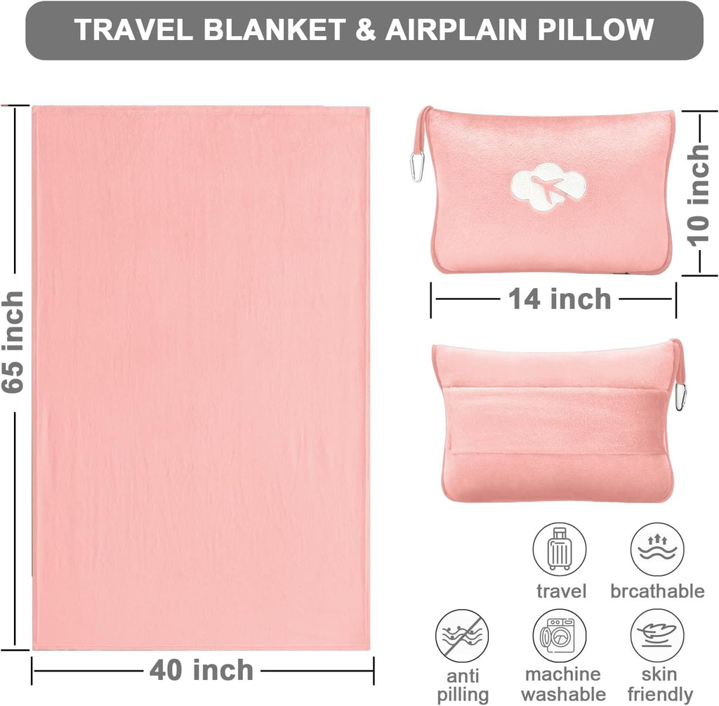 JungleStar Travel Blanket and Pillow Compact, Soft 2 in 1 Airplane Blanket with Soft Bag Pillowcase, Hand Luggage Sleeve and Backpack Clip (…