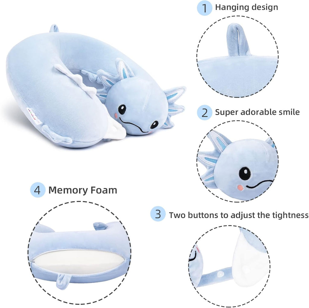 NiuniuDaddy Niuniu Daddy Blue Axolotl Kids Travel Pillow Road Trip Essentials for 3-8 Y/O, Soft Memory Foam Kids Neck Pillow for Airplane C…