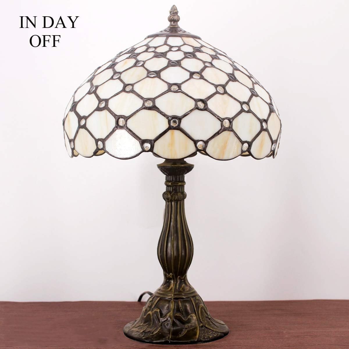 WERFACTORY Tiffany Lamp Cream Amber Stained Glass Bead Table Lamp Desk Bedside Reading Light 12X12X18 Inches Deco Bedroom Living Room…