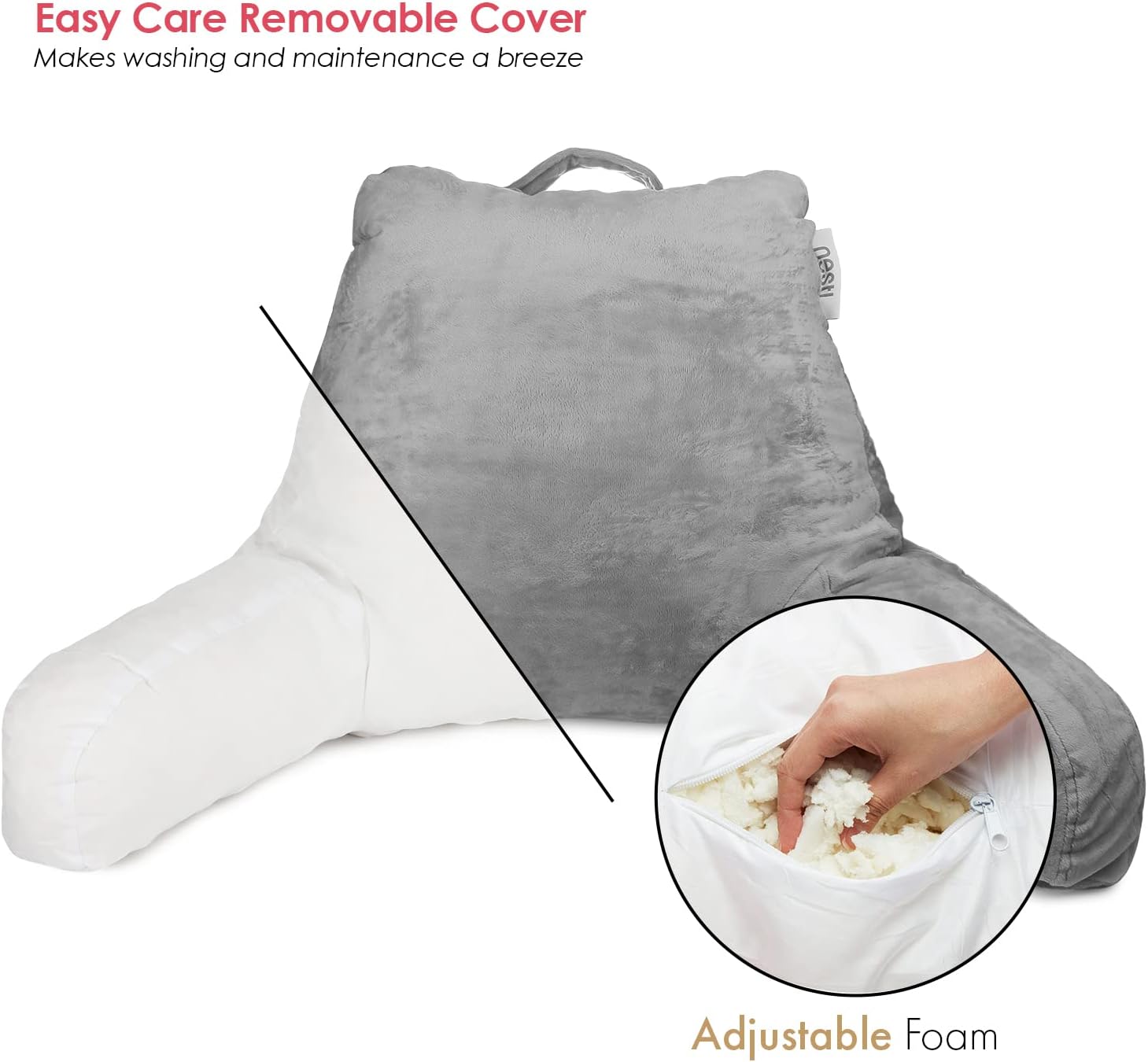 Nestl Reading Pillow with Shredded Memory Foam, Designed for Sitting Up in Bed and Couch, Back and Arms Adjustable Support for Adult &…