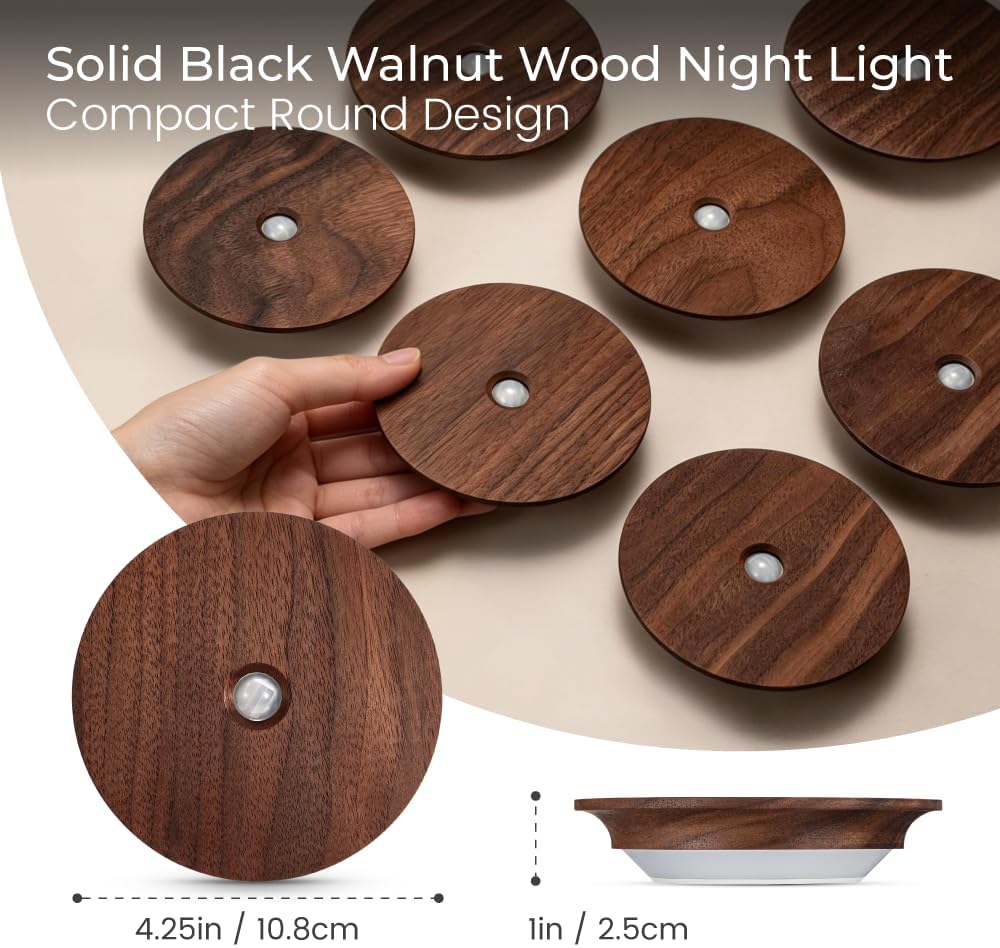 Motion Sensor Night Light Wood Rechargeable Battery Powered Stick-On Step Lights Magnetic Closet Warm Nightlight for Hallway Bedroom…