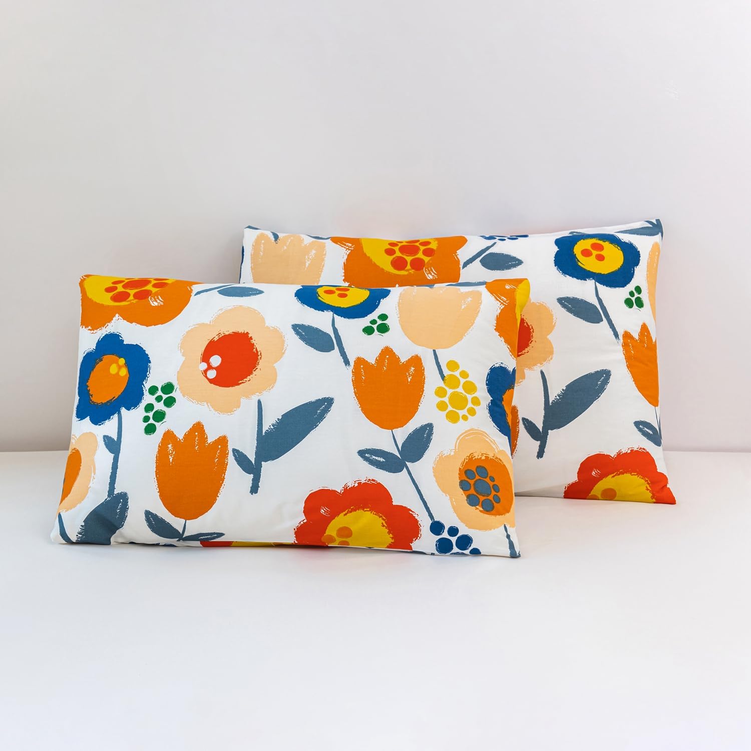 Susybao Floral Pillow Cases King Size Set of 2 100% Cotton Colorful Flower Pillow Covers Envelope Closure End Orange Blue Botanical Decorat…