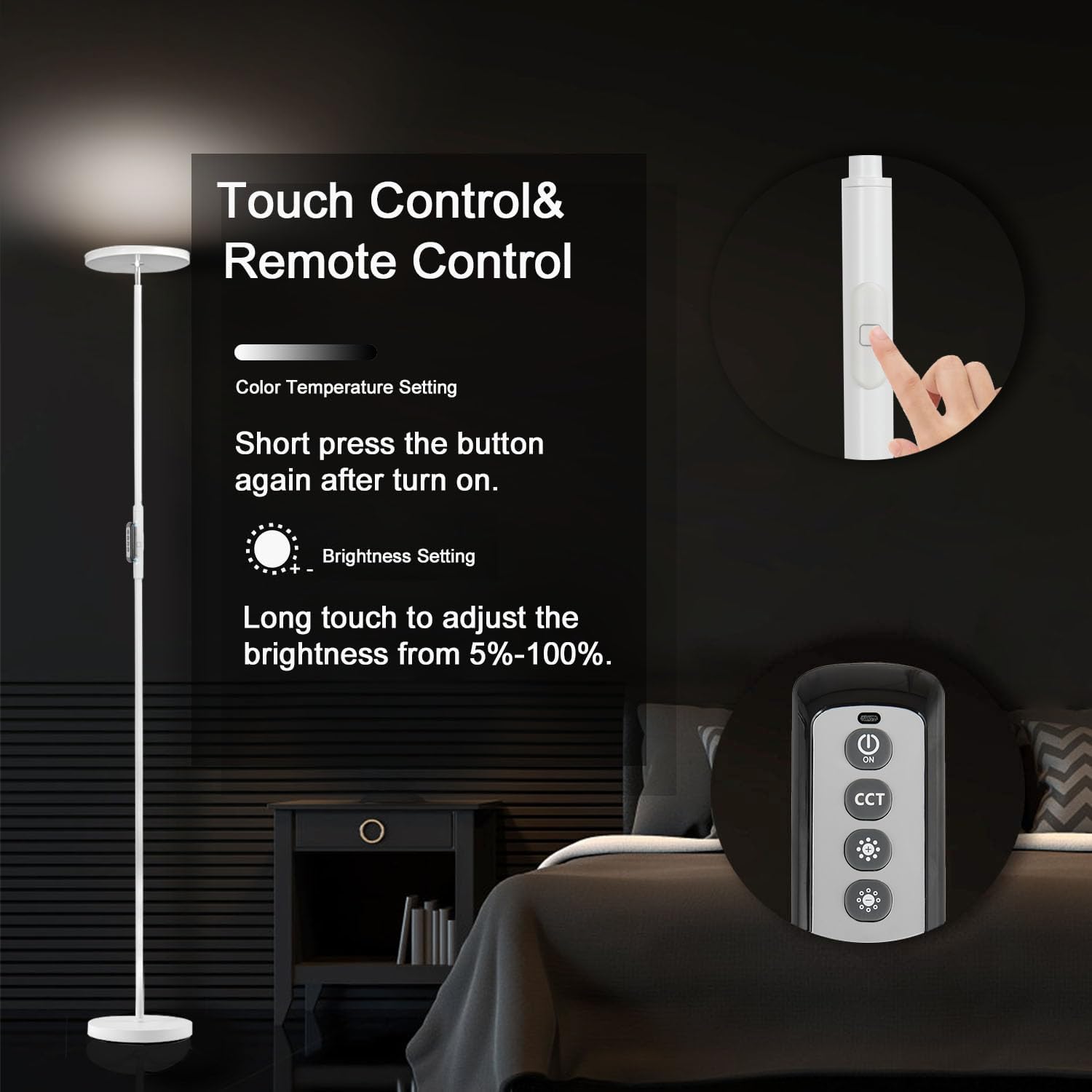 JOOFO Floor Lamp,30W/2400LM Sky LED Modern Torchiere 3 Color Temperatures Super Bright -Tall Standing Pole Light with Remote & Touch…