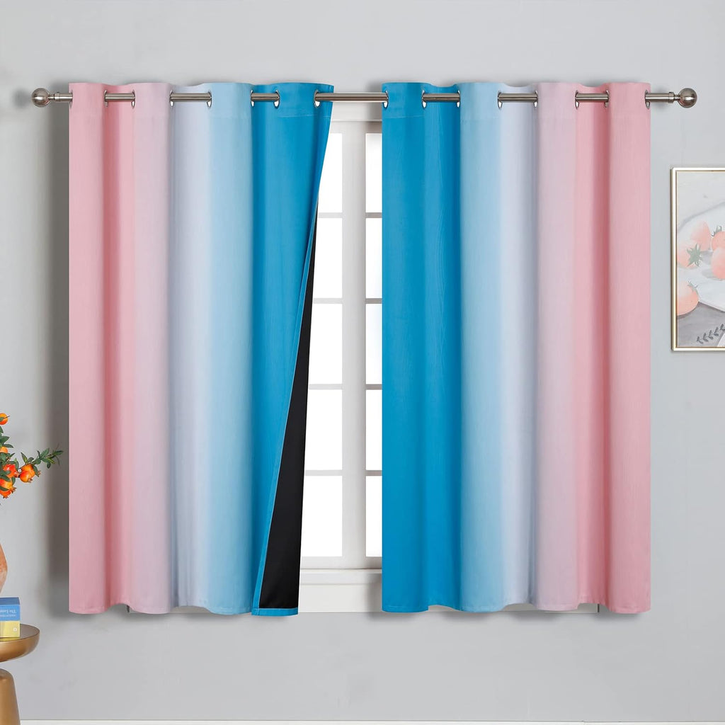 Estelartextiler Ombre Pink and Blue Blackout Curtains 54 Inches Long, Full Light Blocking Curtains for Bedroom, Wavy Line Pattern Grommet T…