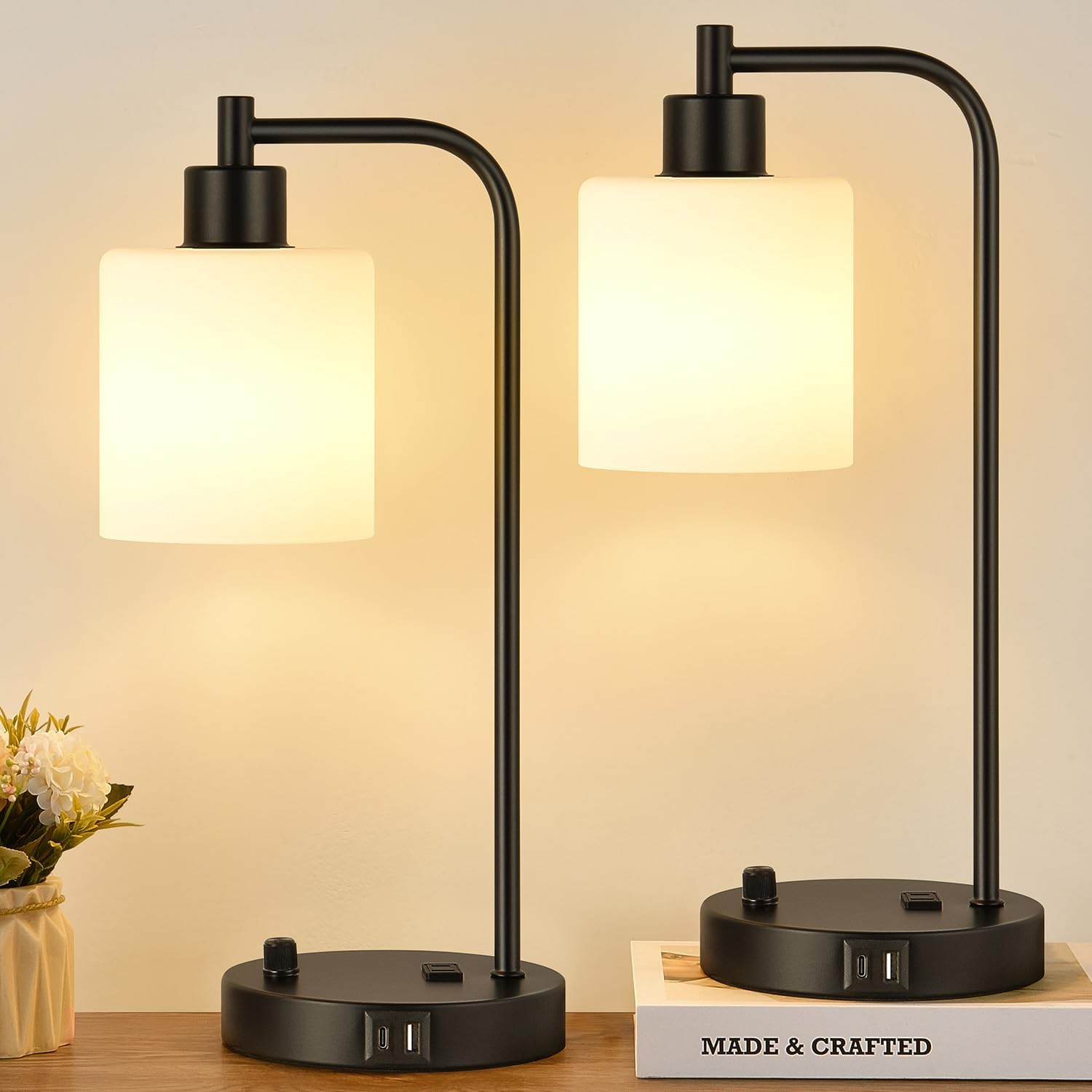 Lynnoland Set of 2 Industrial Table Lamps with USB C+A Ports and Outlet, Black Fully Stepless Dimmable Bedside Lamps, Nightstand Lamp…