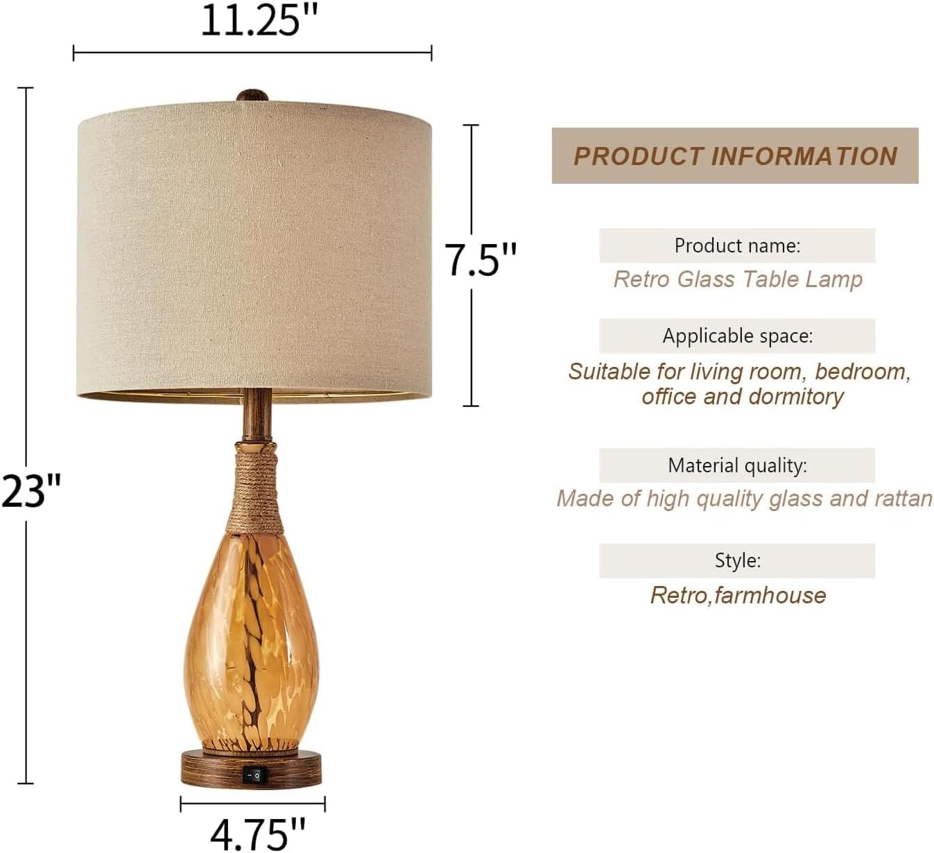 OYEARS 23" USB A+C Table Lamp for Bedroom Living Room Modern Bedside Lamps Retro Farmhouse Rattan Glass Nightstand Nightlight Lamps…