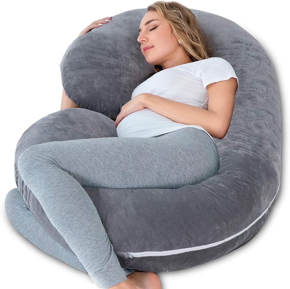 INSEN Pregnancy Pillow for Sleeping, Maternity Pillow with Jersey Cotton Cover, C Shaped Body Pillow for Pregnant (Gray)