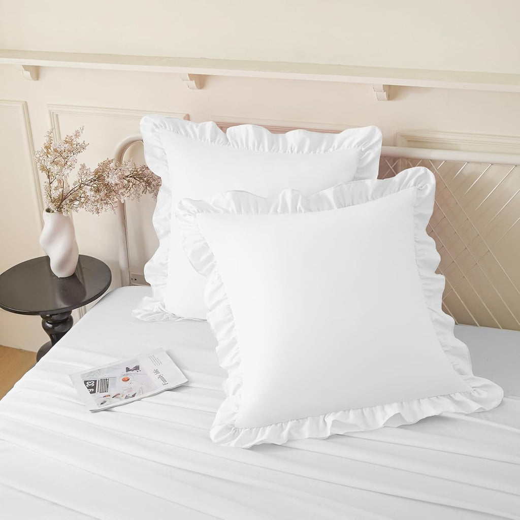 KKJIAF Ruffle Pillow Cases 20x20 Inches, White Square Ruffled Pillow Covers Set of 2, Microfiber Wrinkle Resistant Pillow Shams with…