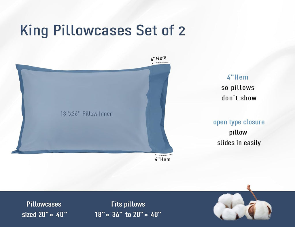 Homtec Pillow Cases, King Size Cotton Percale Weave Pillowcases, Pre-Shrunk Breathable and Hypoallergenic Pillowcases, Set of 2 (2 Piece Ki…