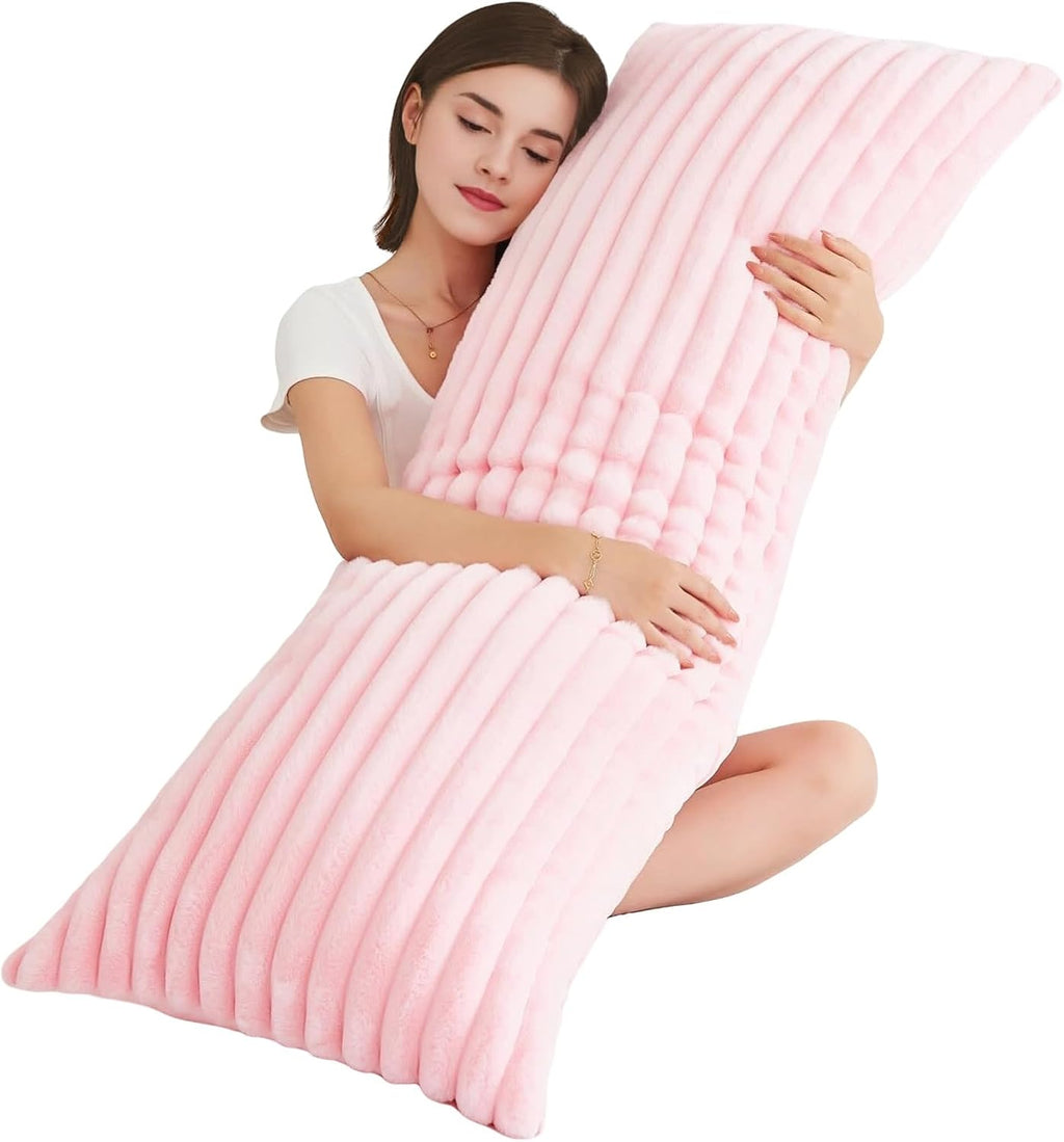 Memfydu Full Body Pillow with Fluffy Stripe Faux Fur Removable Cover, Long Bed Pillow Adult 20x54 Inches for Side Sleeper and Pregnancy, Pi…