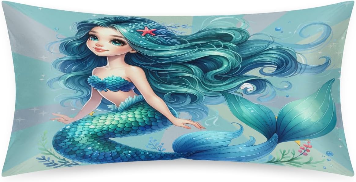 Mermaid Teal Ocean Satin Silk Pillowcase for Hair and Skin Pillow Cases King Size Soft Silk Pillow Case with Envelope Closure Print Satin…