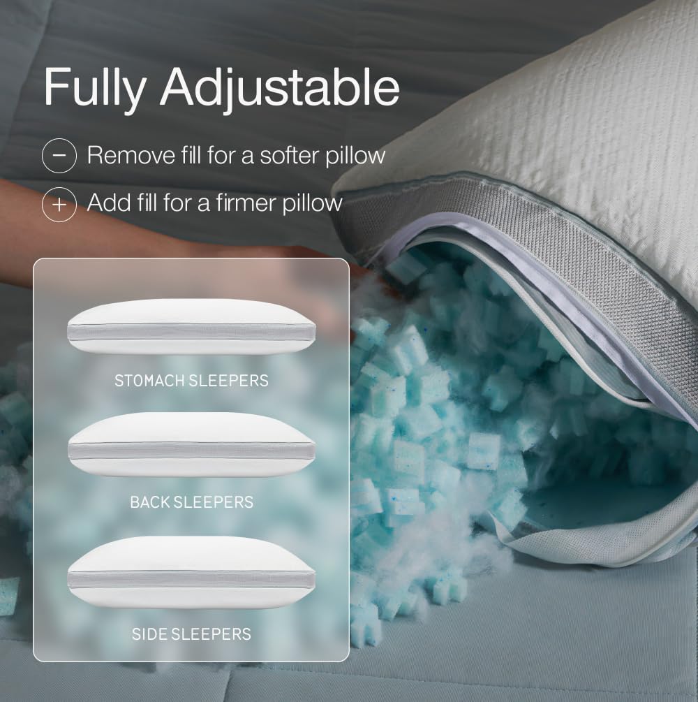 Coop Home Goods Cool+ Adjustable Pillow, Queen Size Plus Shaped Memory Foam Pillows with Cooling Gel, Back, Stomach or Side Sleeper, Neck…