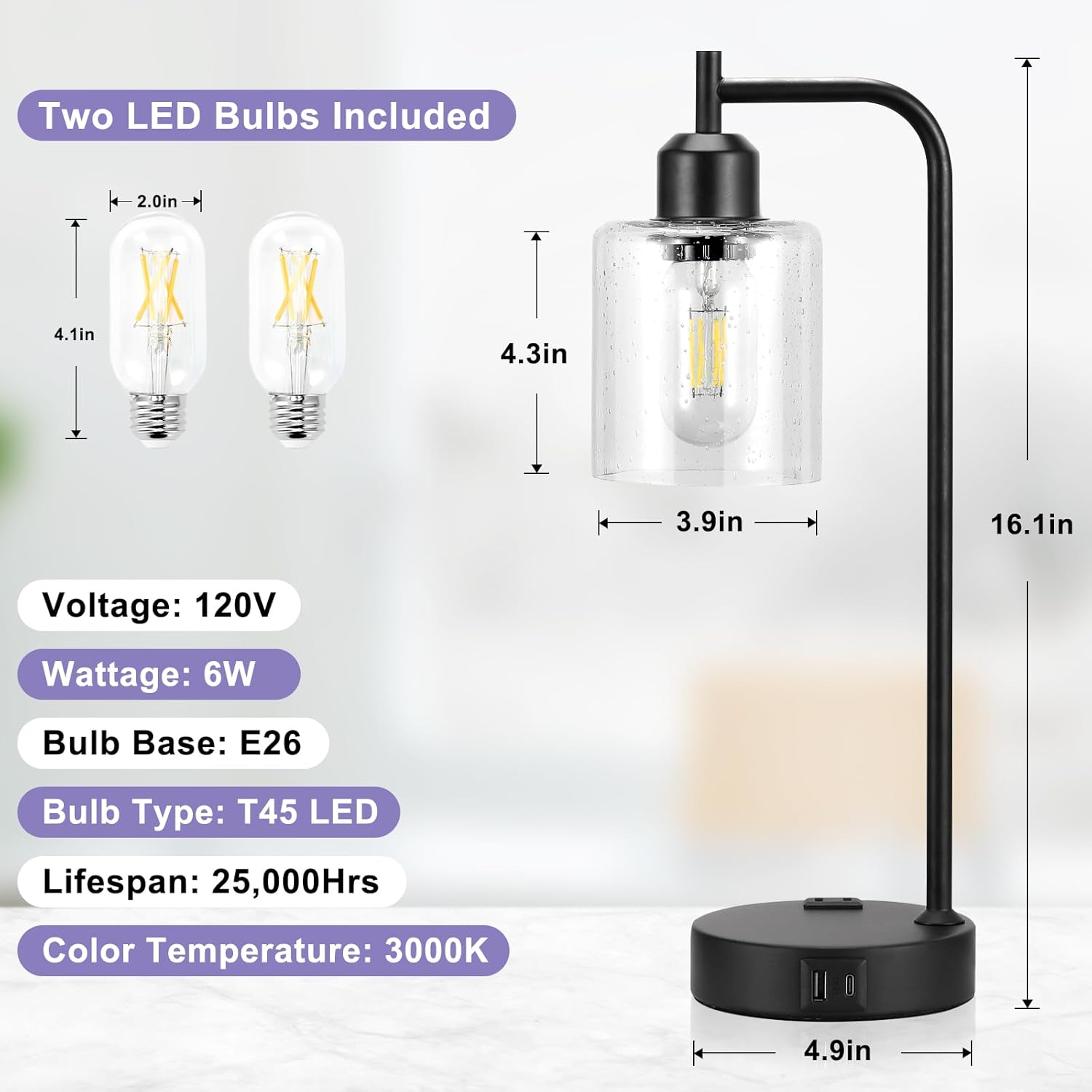 Industrial Touch Table Lamps for Bedrooms Set of 2 - 3-Way Dimmable Lamps with USB C+A Ports and Outlet, Black Bedside Lamps with Seeded…