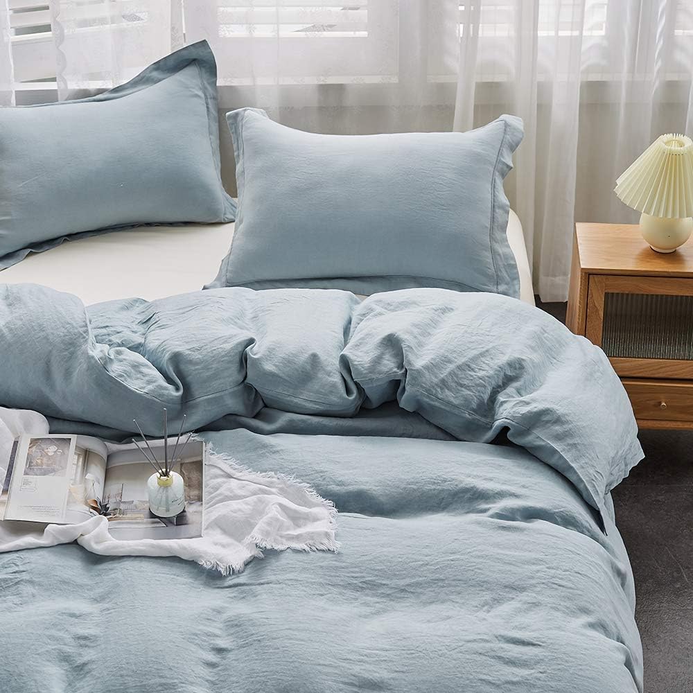 Simple&Opulence 100% Washed Linen Duvet Cover with Embroidered,3 Pieces Soft Farmhouse Comforter Set with Button Closure,1 D…