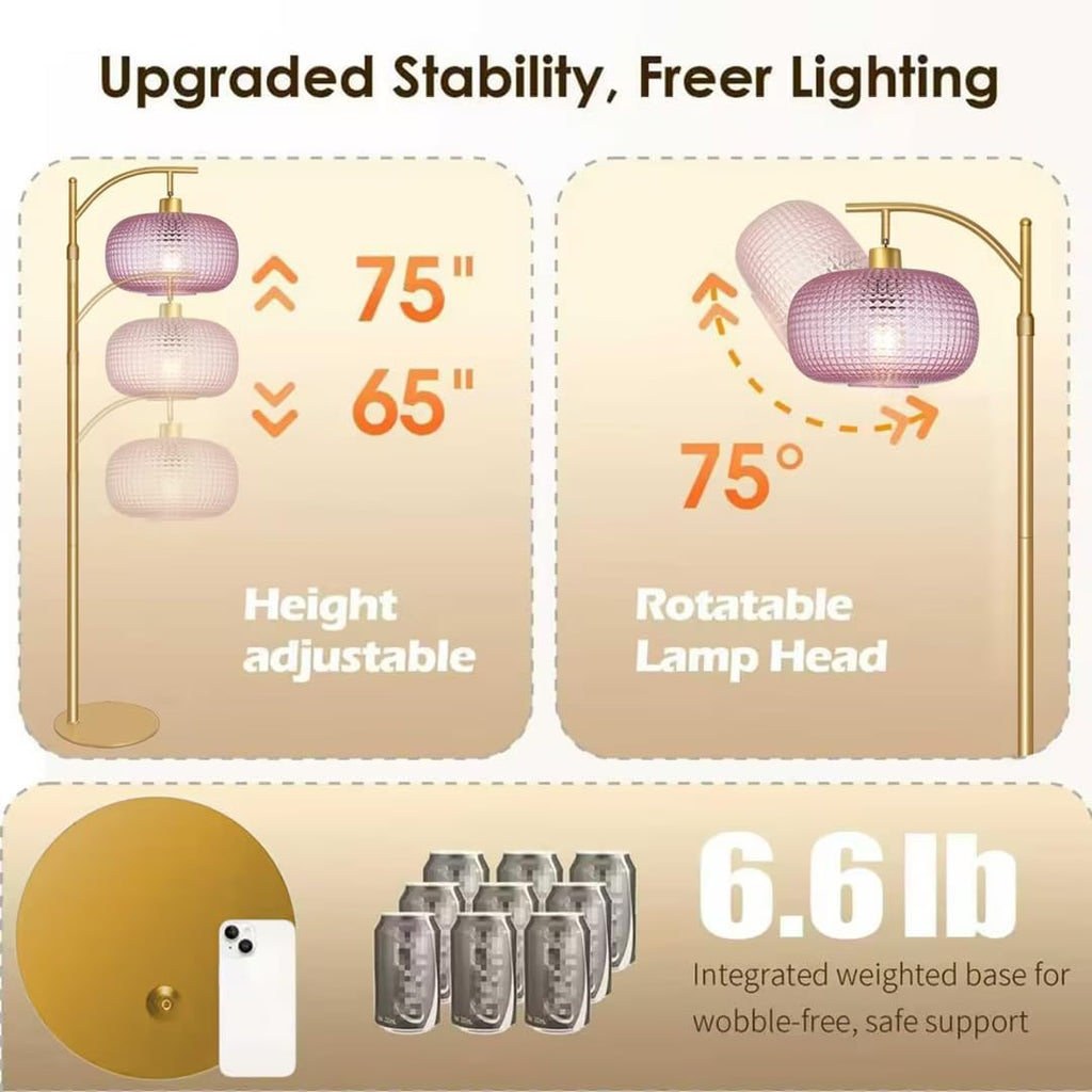 Glass Floor Lamp for Living Room, Modern Tall Standing Lamp with Pink Glass Lamp Shade, Dimmable Gold Tall Floor Lamp for Bedroom Office…