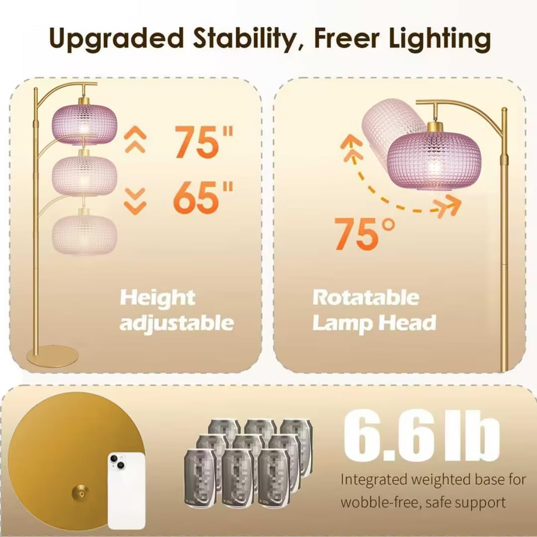 Glass Floor Lamp for Living Room, Modern Tall Standing Lamp with Pink Glass Lamp Shade, Dimmable Gold Tall Floor Lamp for Bedroom Office…