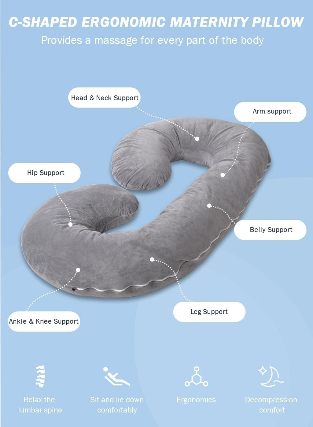 INSEN Pregnancy Pillow for Sleeping, Maternity Pillow with Jersey Cotton Cover, C Shaped Body Pillow for Pregnant (Gray)